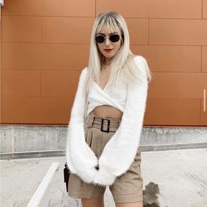 White Long Sleeve Cropped Fuzzy Twist Sweater